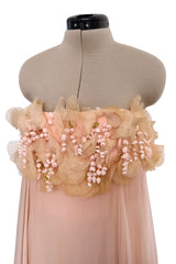 Prettiest 1960s Unlabeled Pale Pink Strapless Dress w Silk Chiffon & Flower Detailed Bodice