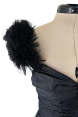 1990s Nina Ricci by Gerard Pipart Haute Couture Black Off Shoulder Dress w Hand Quilted Floral Skirt