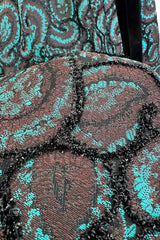 Spectacular 1940s Lilli Ann Teal & Brown Brodace & Velvet Dress w Looped Lame Detailing