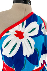 Prettiest 1977 Oscar de la Renta for Swirl One Shoulder Printed Bright Floral Cotton Dress w Ruffled Hem