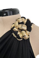 1981 Bill Tice Black One Shoulder Jersey Dress w Gold Lame Flower Detailing