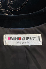 Fantastic 1970s Yves Saint Laurent Cropped Boc Cut Black Velvet Jacket w Metallic Gold Cord Detailing