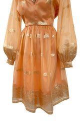 Prettiest 1960s Oscar De La Renta Peach Iridescent Silk Organza Dress w Gold Thread Detailing
