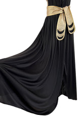 Documented 1981 Bill Tice Plunge Front Black & Gold Nylon Jersey Backless Halter Dress