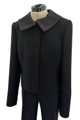 Minimalist Fall 2000 Gucci by Tom Ford Runway Look 3 Black Pant Suit w Leather Collar Detailing