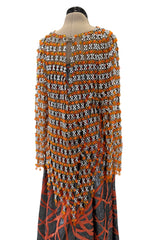 Ultra Rare 1990s Paco Rabanne Haute Couture Metallic Silver & Coral Dress w Chainlink Top & Headpiece