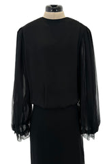 Beautiful 1970s James Galanos Couture Black Silk Chiffon Bias Cut Dress w Removeable Ruffled Collar