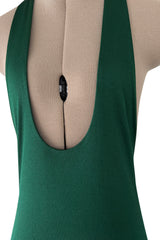 Sexiest 1974 Halston Couture Deep Green Silk Jersey Backless Dress w Front Plunge & Long Ties