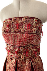 Stunning 1960s Paul Whitney Numbered Strapless Beaded Gold & Red Silk Brocade Dress