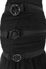 Spring 1987 Yves Saint Laurent Strapless Dotted Silk Net Dress w Rhinestone Detail & Full Lower Skirts