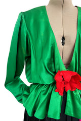 Incredible Spring 1990 Yves Saint Laurent Runway Brilliant Green Jacket w Pink Lining & Black Skirt Set