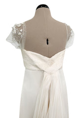Vintage Valentino White Silk Wedding Dress w Elaborate Trains, Pleating & Extensive Beading Detail