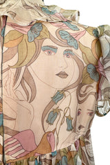 Phenomenal 1960s Gina Fratini Printed Tiered Baby Doll Maxi Dress w Poufed Cap Sleeves & Feather Details