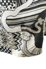 Beautiful & Rare 1970s Thea Porter Balloon Sleeve Grey Toned Printed Top w Pointed Collar