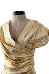Museum Held 1986 Thierry Mugler Gold Feather Light Lame Dress w Gathered Sides