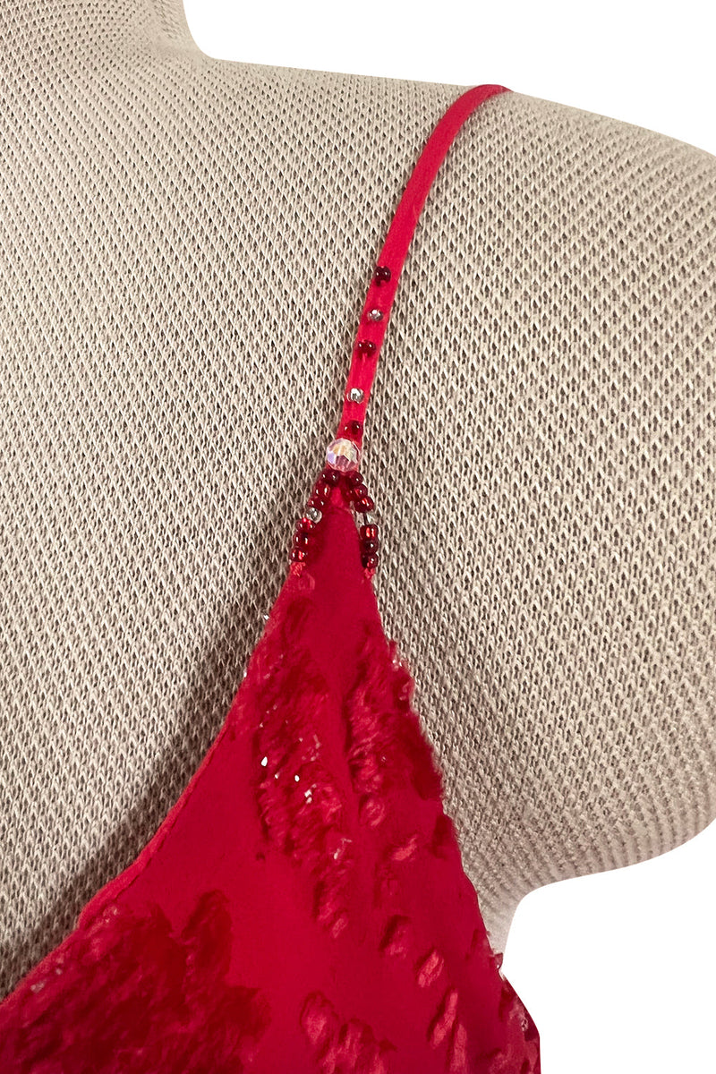 1970s Holly's Harp Red Silk Devore Velvet Dress w Silk Chiffon Layered Underskirt & Bead Details