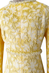 Prettiest 1960s Yves Saint Laurent Stoffler Fabrics Yellow Brocade Dress w Clear Beads