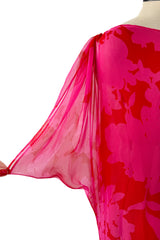 Dreamiest 1990s Yves Saint Laurent Oversized Floral Print Pink & Red Silk Chiffon Caftan Dress