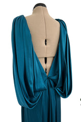Amazing 1980s Bill Blass Bias Cut Deep Teal Silk Dress w Bead Detailing & Draped Low Back