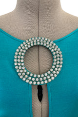 Spectacular Early 1970s Loris Azzaro Plunging Turquoise Silk Jersey w Open Rhinestone Rings