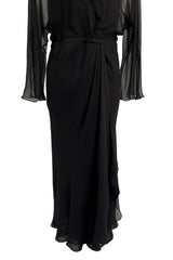 Minimalist Mid-1970s Halston Black Bias Cut Silk Chiffon Wrap Dress w Wide Sleeves