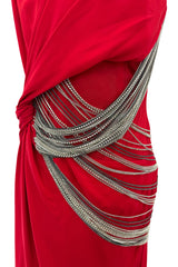 Fabulous 2000s Versace by Donatella Red Crepe Dress w Rhinestone & Silver Chain Detailing