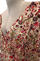 Amazing 1960s Malcolm Starr by Elinor Simmons Red & Gold Thread Dress w Sequin, Beading & Crystal Detailing