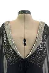 V Neck & Back 1990s Nina Ricci Black Silk Chiffon Caftan Dress w Sequin Bead & Rhinestone Detailing
