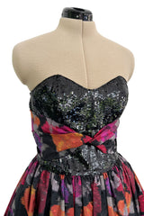 Stunning c 1990 Geoffrey Beene Strapless Sequin Bodice & Floral Silk Taffeta Dress w Shawl