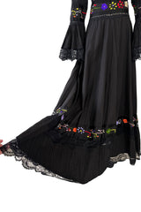 Beautiful 1960s Original Mexican Tourist Black Pin Tuck Dress w Hand Embroidered Flowers