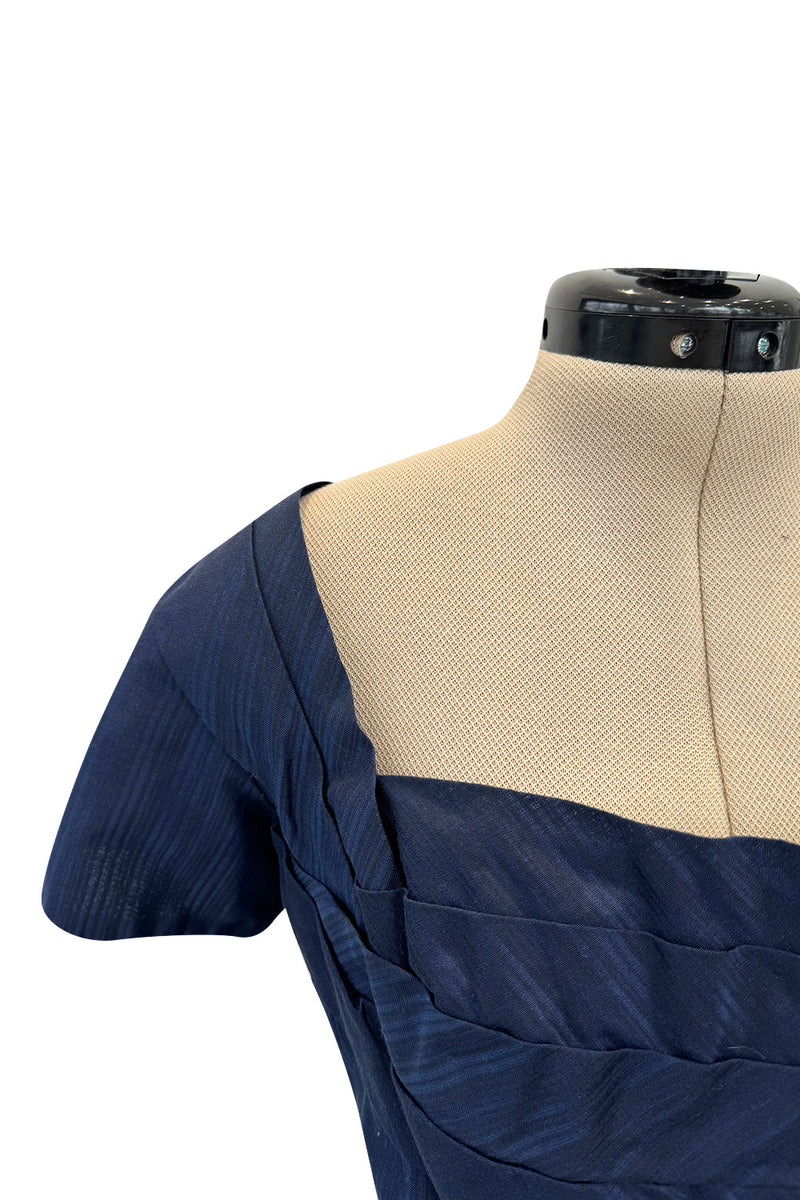 Prettiest 1950s Ceil Chapman Fitted Blue Dress w Hip Pockets & Pleated Bodice Detailing