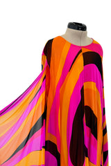 Spectacular c.1972 La Mendola Brilliant Pink, Orange, Tangerine & Black Silk Chiffon Caftan w Floor Length Cape Sleeves Sleeves