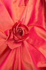 1989 Loris Azzaro Irridescent Coral Silk Taffeta Dress w Rosette Floral Detail