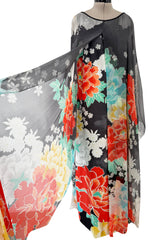1970s Hanae Mori Silk Twill & Chiffon Caped Overlay Caftan Dress