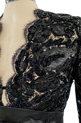 Incredible Fall 1970 Donald Brooks Runway Black Chenille & Sequin Net Lace Dress w Plunge Front