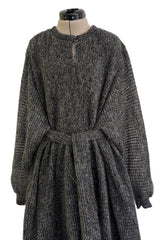 Amazing 1970s Kay Cosserat Hand Knit / Handmade Grey Angora Silk Mohair Caftan Dress w Belt