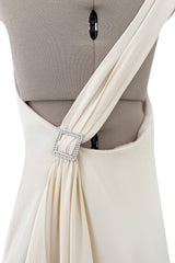 2010s Valentino Ivory Silk Crepe One Shoulder Dress w Draped Back & Rhinestone Buckle