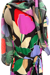 Prettiest 1970s Mr Blackwell Custom Black Jersey Dress w Bright Print & Sequin Detailing