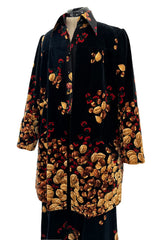 Incredible c. 1972 Original Valentino Three Piece Acorn Print Silk Top, Velvet Skirt & Jacket Set