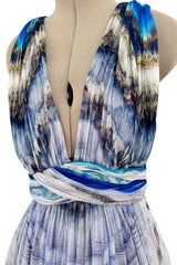 Resort 2010 Alexander McQueen Silk Chiffon Blue Print Dress w Plunging Front & Open Back