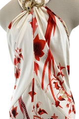 Spectacular Spring 2007 Roberto Cavalli Ivory & Coral Print Bias Cut Silk Dress w Twisted Halter Front & Low Back