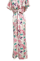 Dreamy Spring 1987 Yves Saint Laurent Off Shoulder Pink Feather & Bow Print Silk Dress