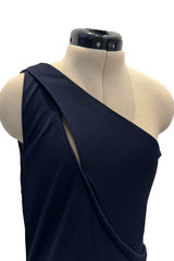 Minimalist 1990s Geoffrey Beene Deep Blue Silk Jersey One Shoulder Dress w Cut Out Details