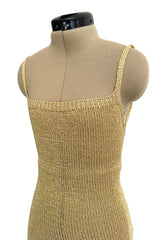Amazing 1990s Gianni Versace Gold Metallic Knit Dress w Open or Lace up Back & Side Slit