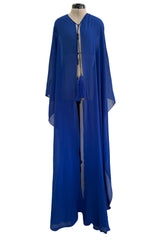 Superb Spring 2013 Yves Saint Laurent Hedi Slimane Debut Runway Blue Dress Silk Chiffon w Matching Cape & Sash