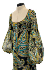 Rare 1960s Thea Porter Couture Printed Silk Chiffon Dress w Gold Sequins & Gold Metal Thread Detailing
