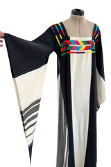1960s Josefa Hand Embroidered Natural Linen & Black Caftan Dress W Incredible Sleeves