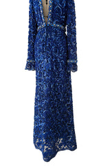 Documented 1970 Oscar de la Renta Brilliant Blue Sequin & Rhinestone Plunge Dress