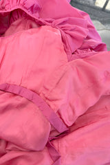 1980s Unlabeled Demi-Couture Pink Silk Dress w Ruffled Front & Caped Shoulders