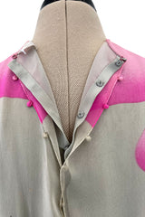 Romantic 1970s Hanae Mori Huge Pink Floral Print Silk Chiffon Dress w Grey Scale Backdrop